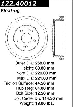 Centric 122.40012 Brake Drum - Rear