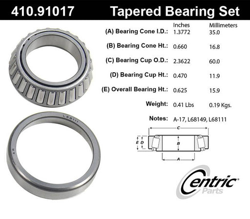 Centric 410.91017 Wheel Bearing and Race Set - Front Inner, Rear Inner or Rear Outer