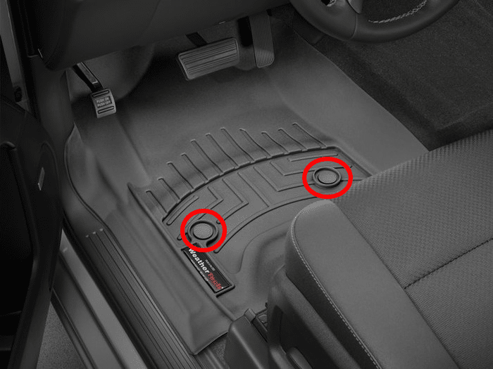 WeatherTech floor mats with retention devices highlighted