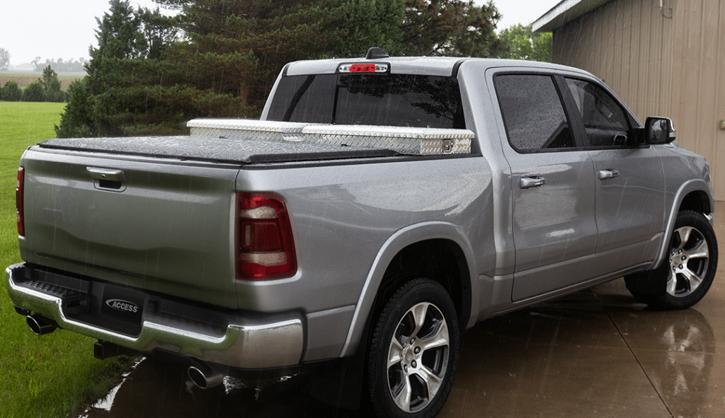 Rain pouring on an Access Toolbox Tonneau installed on a truck
